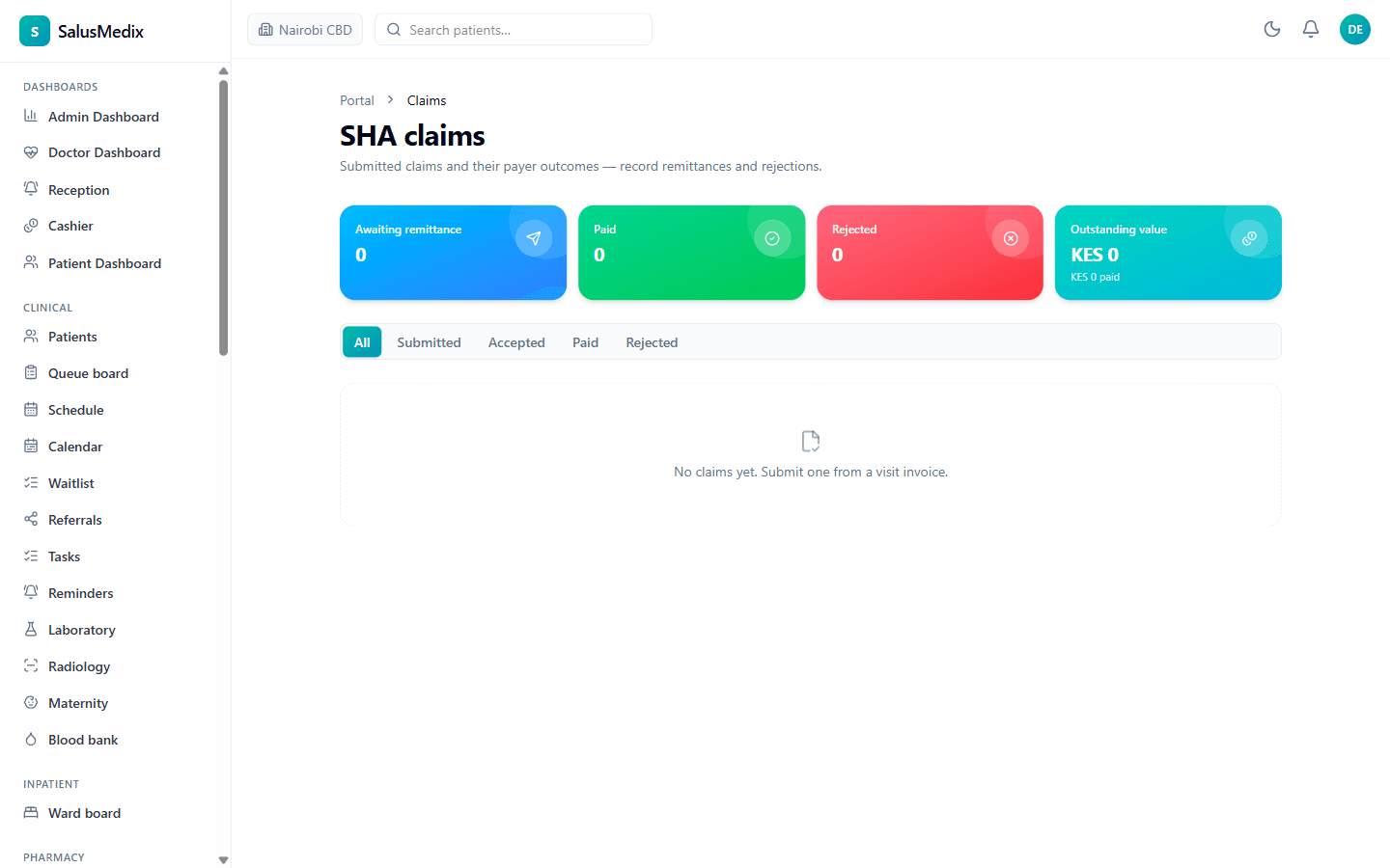 SalusMedix SHA claims screen with claim status tiles